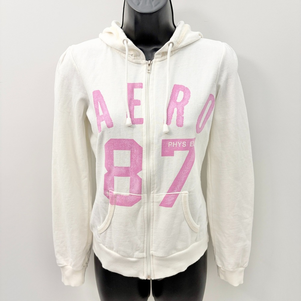 Aeropostale Hoodie Vintage Aero 87 Graphic Zip Up Small White Pink